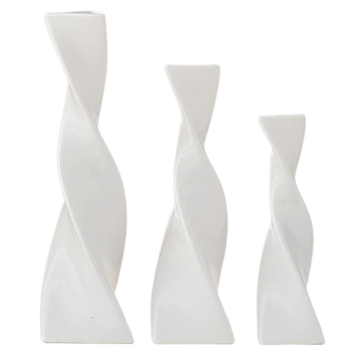 Set 3 vaze ceramice albe minimaliste geometrice 15x20x25cm