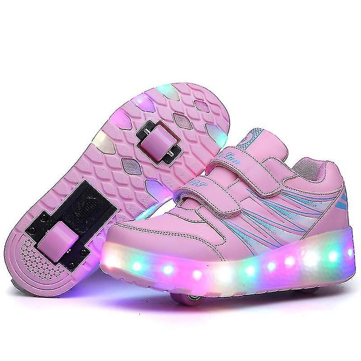 Pantofi sport cu roti, marimi 27-40, PU, roz, LED, 185-277mm