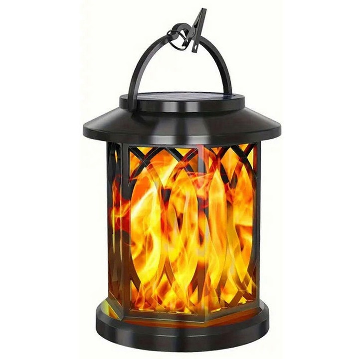 Lampa solara cu efect flacara, rezistenta la apa, alb cald, 20 LED, 10x10x15cm