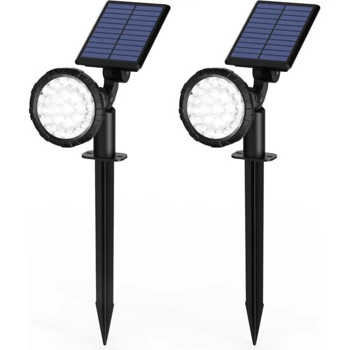 Set 2 spoturi solare pentru exterior cidiscount-xwx-260817-638, 25 LED, panou solar reglabil 150°, 3 moduri de luminozitate, IP65, negru