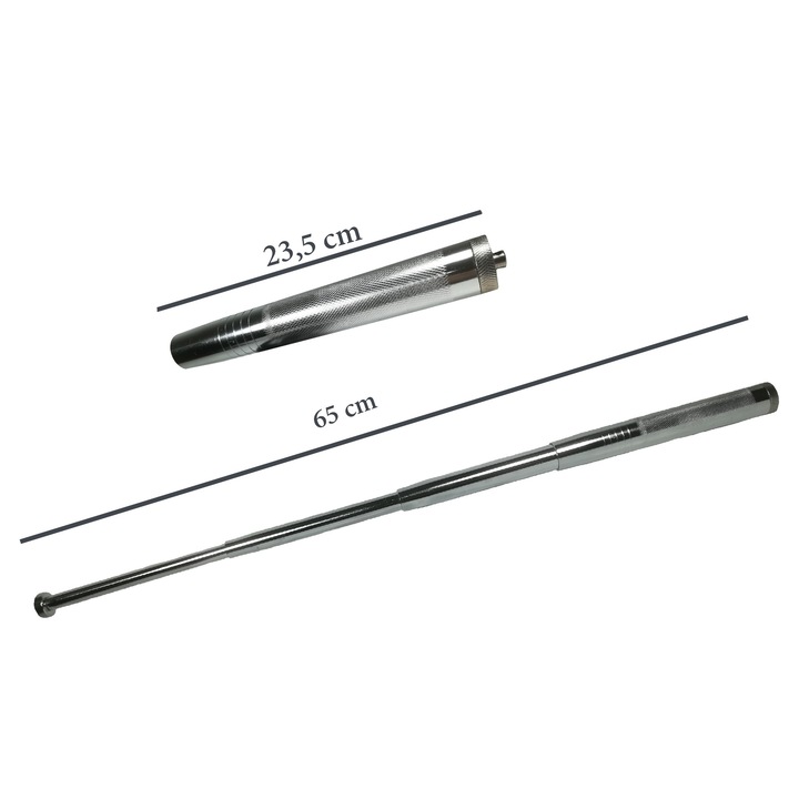 Baston telescopic din otel, argintiu, 65 cm, 4 sectiuni, husa cadou