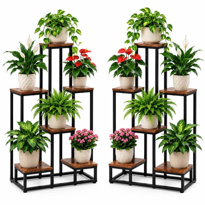 Set de 6 suporturi pentru flori si plante, Stil loft, 6 niveluri, Cadru metalic Negru si Blat MDF aspect lemn, Picioare Nivelare Antiderapante, Sarcina Maxima 36 kg, Dimensiuni 67 x 34.5 x 51 cm