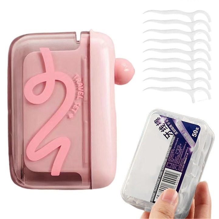 Dispenser ata dentara portabil, 50 buc, roz, 7x3x2cm