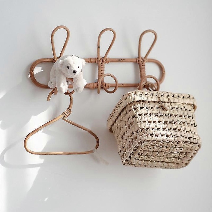 Cuier ratan copii 40x20cm natural retro, 3 carlige, decor camera copii