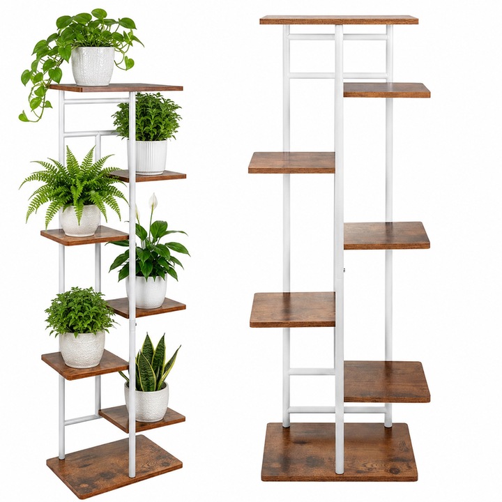 Set de 7 suporturi pentru flori si plante, Stil Loft, 7 niveluri, Cadru metalic Alb si Blat MDF aspect lemn, Sarcina Maxima 36 kg, Dimensiuni 120 x 42 x 23.5 cm