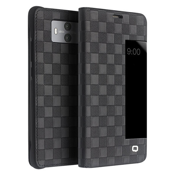 Husa slim din piele fina naturala, smart cover, model carouri, Huawei Mate 10 - Qialino Smart Checkered Leather, culoare Negru
