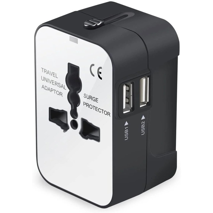 Adaptor de calatorie universal ZYBLSSBB LSM2xh10434-BCS0065839-1, cu 4 adaptoare (US/EU/UK/AU), 2 porturi USB, protectie la supratensiune, negru/alb