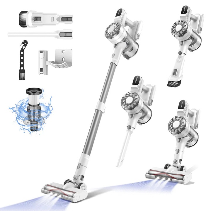 Aspirator Vertical Fara Fir SeveShop® V08 Pro, 250W, 20000Pa, Filtrare HEPA 5 Etape, Baterie Reincarcabila, 2200mAh, Tehnologie Ciclonica, Capacitate Rezervor 900Ml, Iluminare LED, Autonomie +/- 15-30 Min, Fara Sac, Praf, Par, Perii Multiple Incluse, Alb