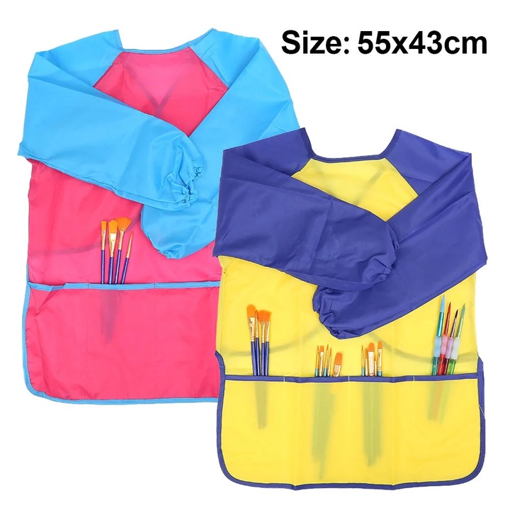 ZYBLSSBB, sort de pictura pentru copii din nylon, maneci lungi, 3 buzunare frontale, impermeabil, set 2 buc., roz si galben / albastru si rosu, marimi S/M/L