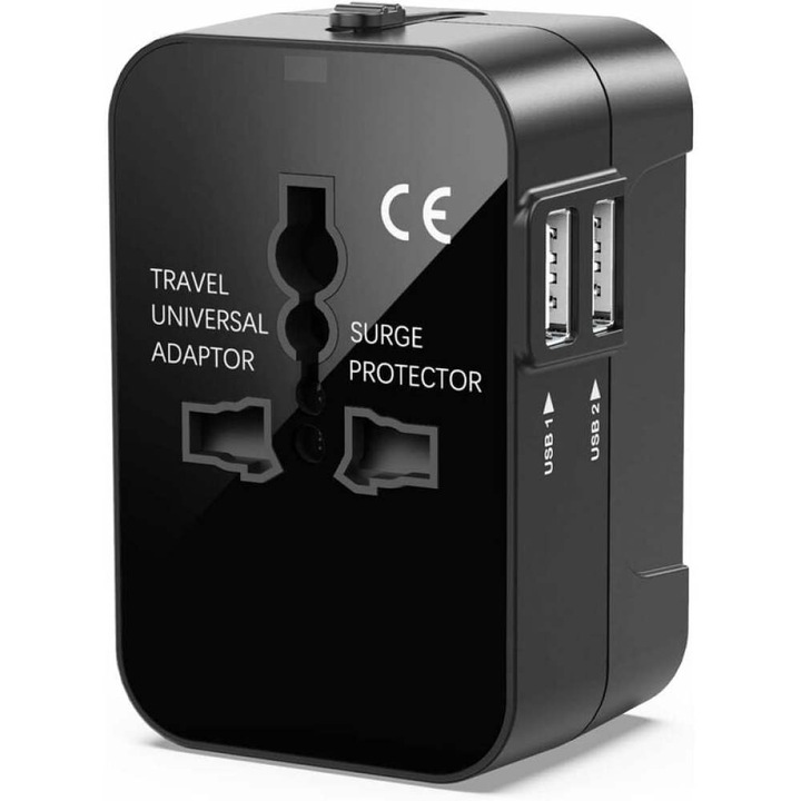 Adaptor de calatorie universal 0805BM-BST3133478, placi UK/EU/US/AU, protectie la supratensiune, 2 porturi USB-A (2.1A), iesire totala max. 6A, negru