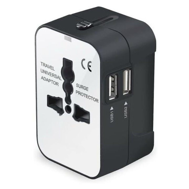 Adaptor universal de calatorie, priza CA, 2 porturi USB, alb, compact