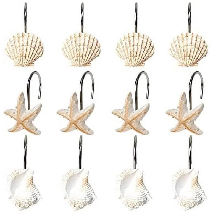 Carlige pentru perdea de dus ZYBLSSBB LSM2xh11207-BCS0069261, set 12 buc., rasina si aliaj anti-rugina, decor scoica/stea de mare, bej deschis, pentru bara O22-30 mm