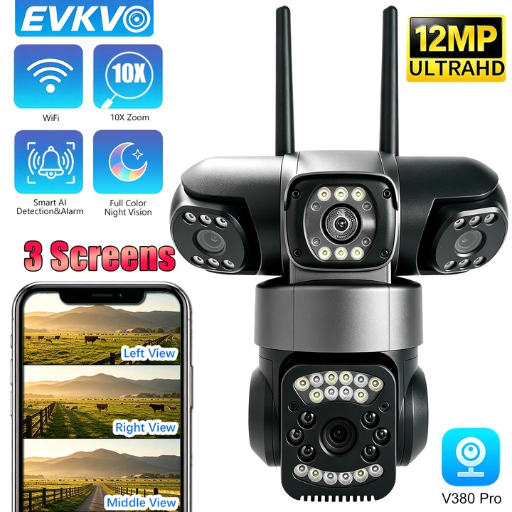 Camera Supraveghere Exterior 4K 12MP 360° EVKVO, Triple Lens Full Color Night Vision, WiFi & RJ45, Zoom Digital 10X, Detectie Umana Inteligenta, Audio Bidirectional, IP66, 6 Presetari, V380 Pro, Siguranta Smart Casa/Ferma