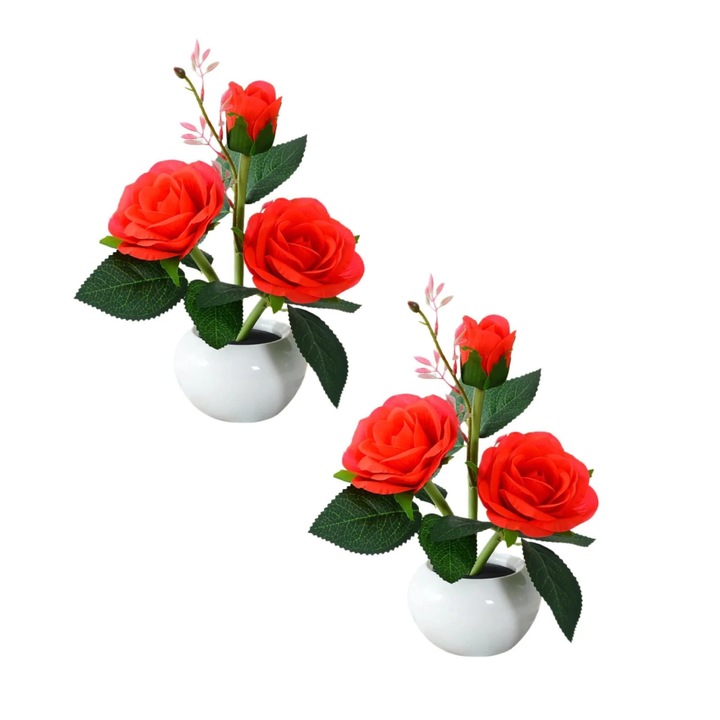 Lampa de noapte decorativa cu trandafiri artificiali ZYBLSSBB LSM2xh2018-BCS0216412, realista cu LED, rosu, set 2 buc