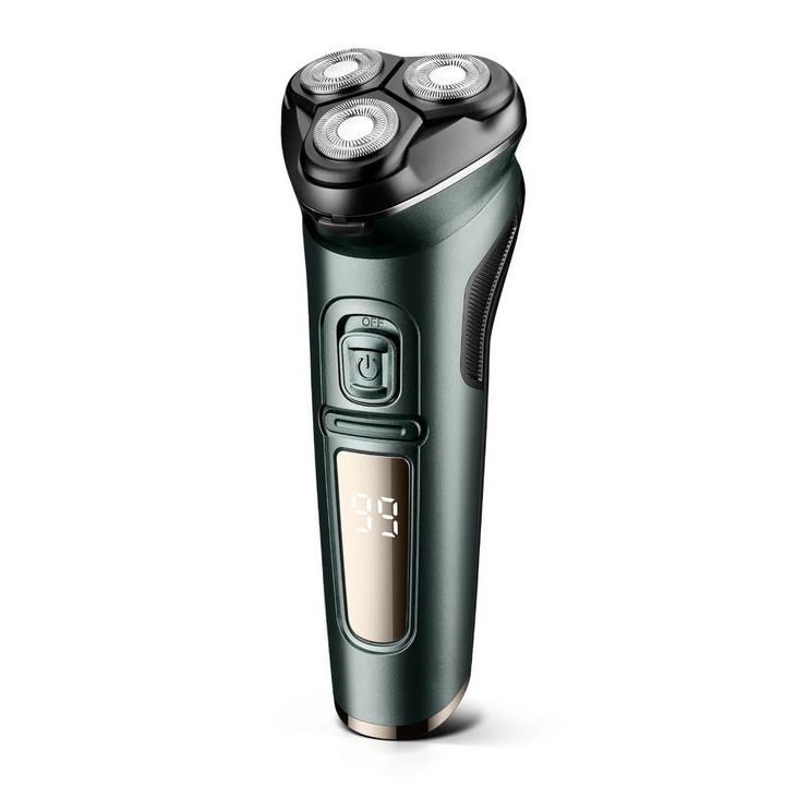 YANYXR BCS3190986 elektromos borotva, 3D forgó fejek lebegő pengékkel, újratölthető, IPX7 vízálló, pop-up trimmer, LCD kijelző, száraz és nedves borotválkozáshoz, zöld