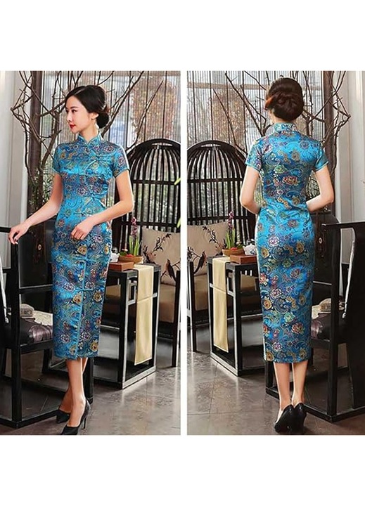 Rochie cheongsam lunga albastra eleganta din tesatura premium pentru femei
