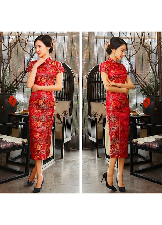 Rochie cheongsam elegant lunga rosu, material premium