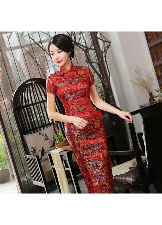 Rochie cheongsam elegant lunga rosu, material premium