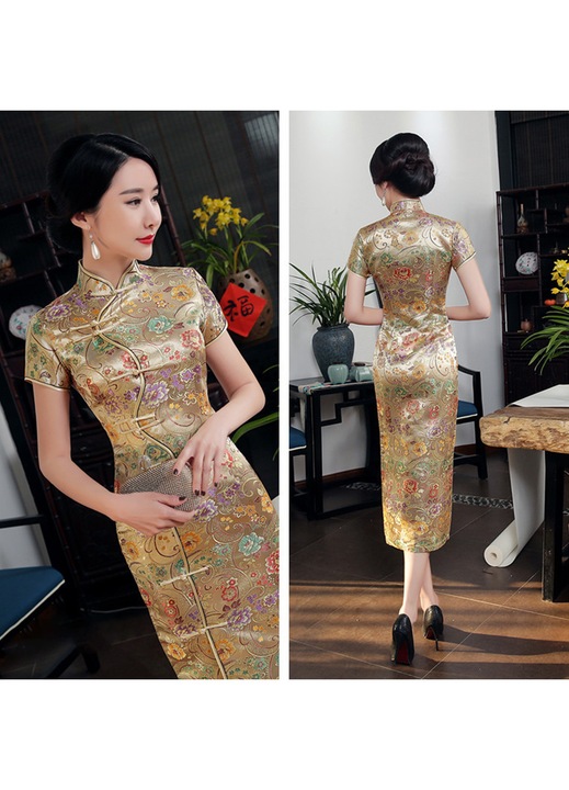 Rochie cheongsam elegant lunga, croiala slim, material premium, auriu