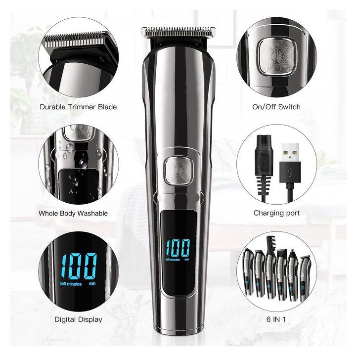 Aparat de tuns fara fir, trimmer multifunctional, rezistent la apa, negru, compact