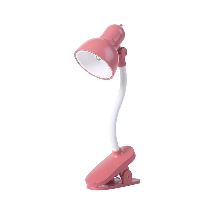 Lampa de lectura cu clema ZYBLSSBB LSM2xh7397-BCS0226007, LED, gat flexibil, clip si baza, baterie tip buton inclusa, roz, 3 x 15 cm