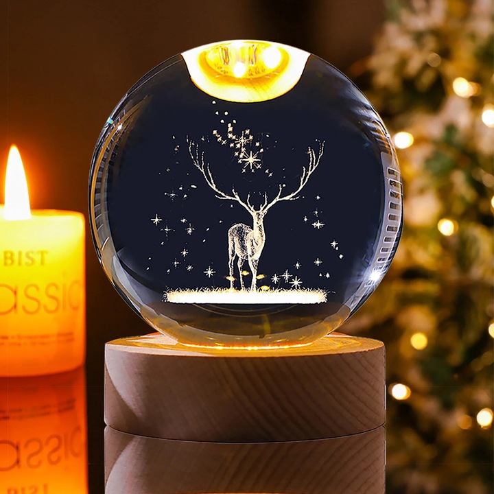 Lampa de veghe cristal 3D ZYBLSSBB LSM2xh8113-BCS0230666-3, glob gravat interior K9, baza LED din lemn USB, transparent, O 6 cm