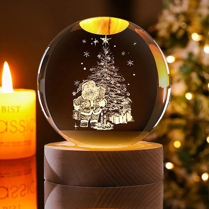 Lampa decorativa din cristal ZYBLSSBB LSM2xh8113-BCS0230666-5, glob 3D gravat K9 cu suport LED din lemn, transparent/natural wood, lumina calda
