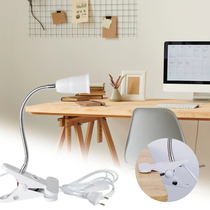 Lampa de birou cu clema ZYBLSSBB LSM2xh8134-BCS0230688-3, brat flexibil metalic 20 cm, soclu E27, cablu 165 cm, alb