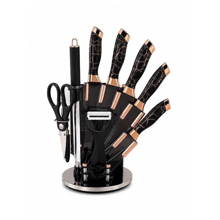 Set Cutite Bucatarie 9 Piese, Otel Inoxidabil, Suport Rotativ, Negru Auriu