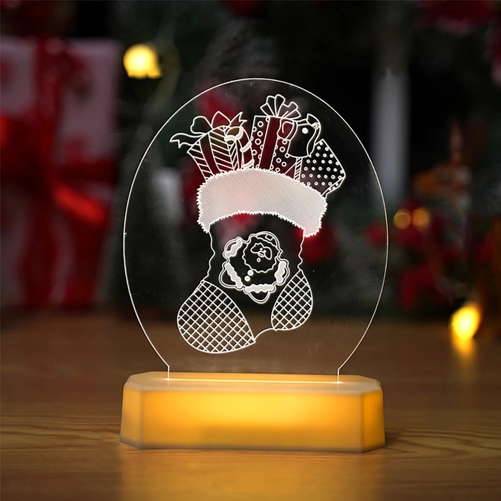 Lumina de veghe LED ZYBLSSBB LSM2xh7441-BCS0226204-3, panou acrilic 3D Mos Craciun, alimentare USB/3xAAA, alb cald