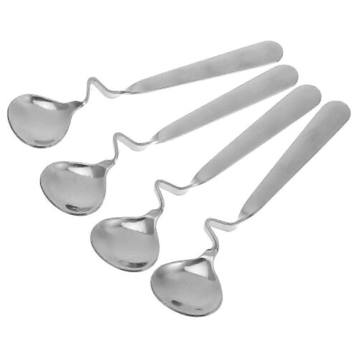 Set 4 linguri inox pentru miere si cafea, maner curbat, argintiu