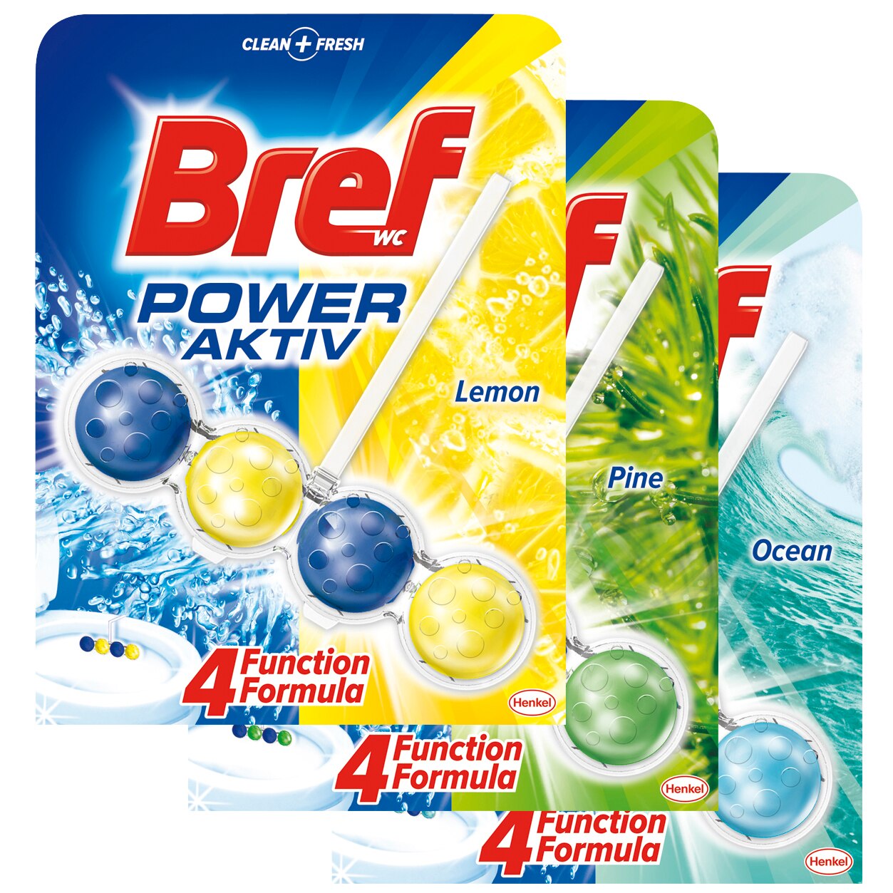 Pachet 3 x Odorizant toaleta Bref Power Aktiv Pine, Ocean, Lemon, 50 g