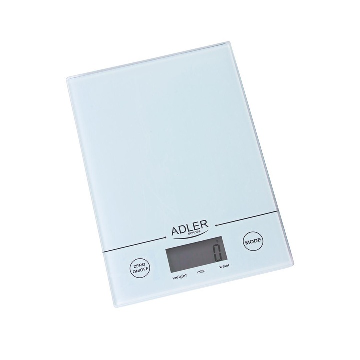 Cantar De Bucatarie, Adler, AD 3138, 5 Kg, 1g, Tara, Functie Cantarire Lichide, Display, Sticla, Alb