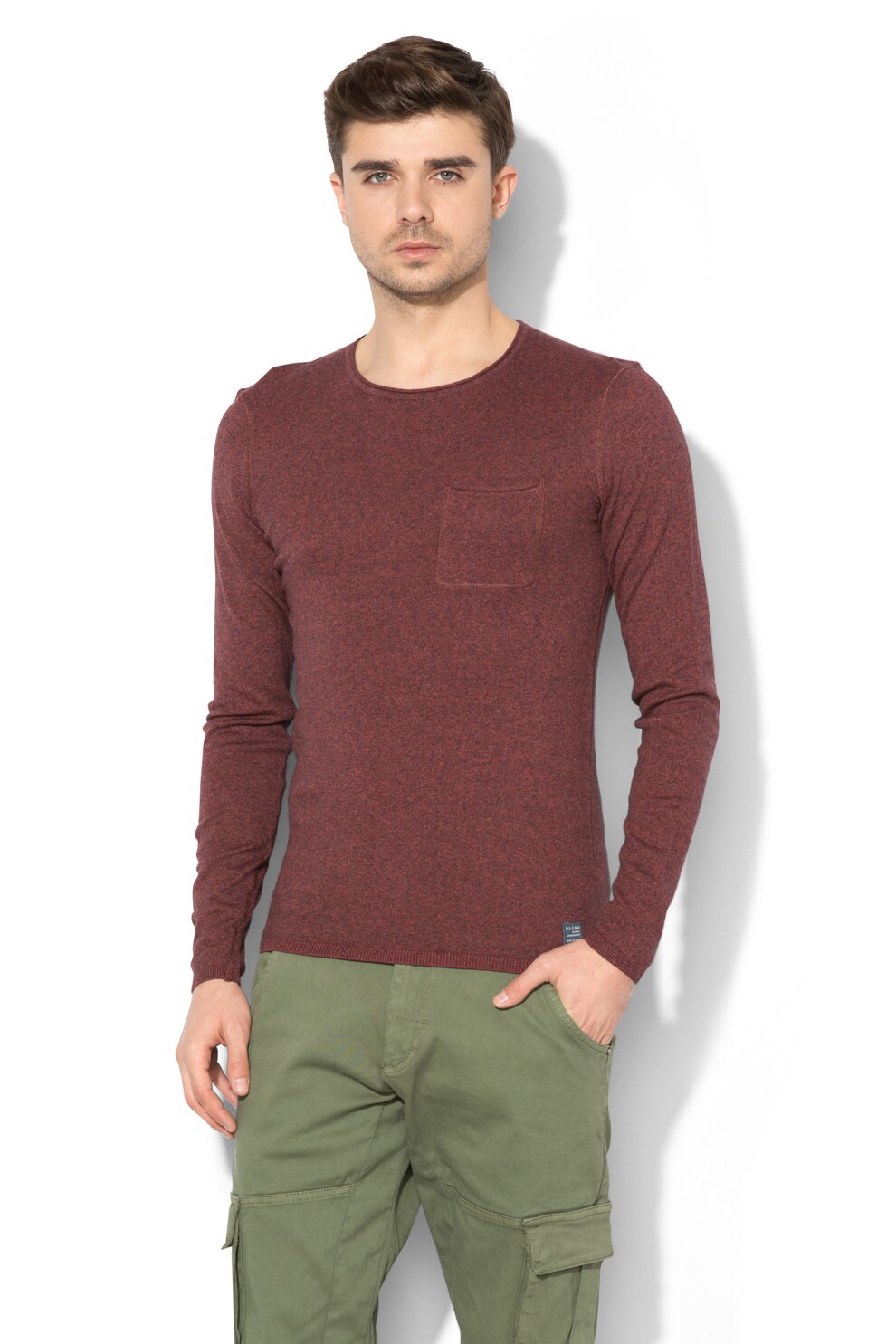 BLEND, Pulover slim fit tricotat fin cu buzunar aplicat pe piept, Rosu melange, XL