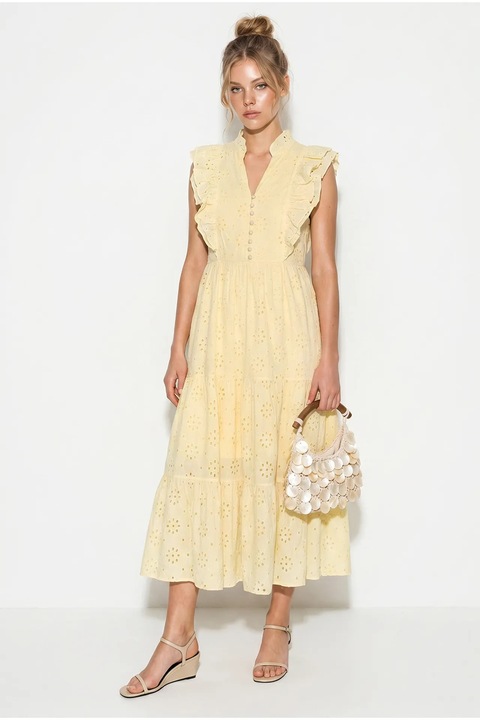 Rochie Midi Bianco Lucci, A-line, brodata, Galben Lamaie, bumbac si poliester