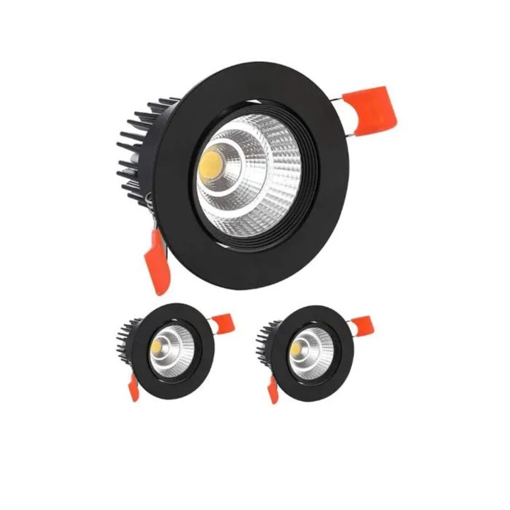 Set 3 spoturi LED incastrate 9W, 6000K, negru, 107x85mm