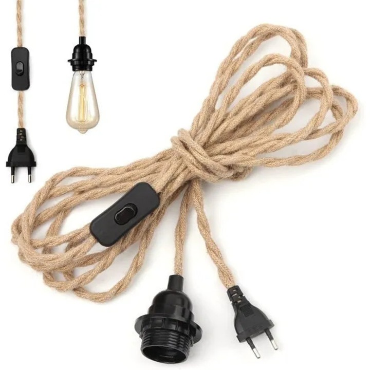 Lustra cablu canepa 4.5m cu dulie E27 si intrerupator, negru