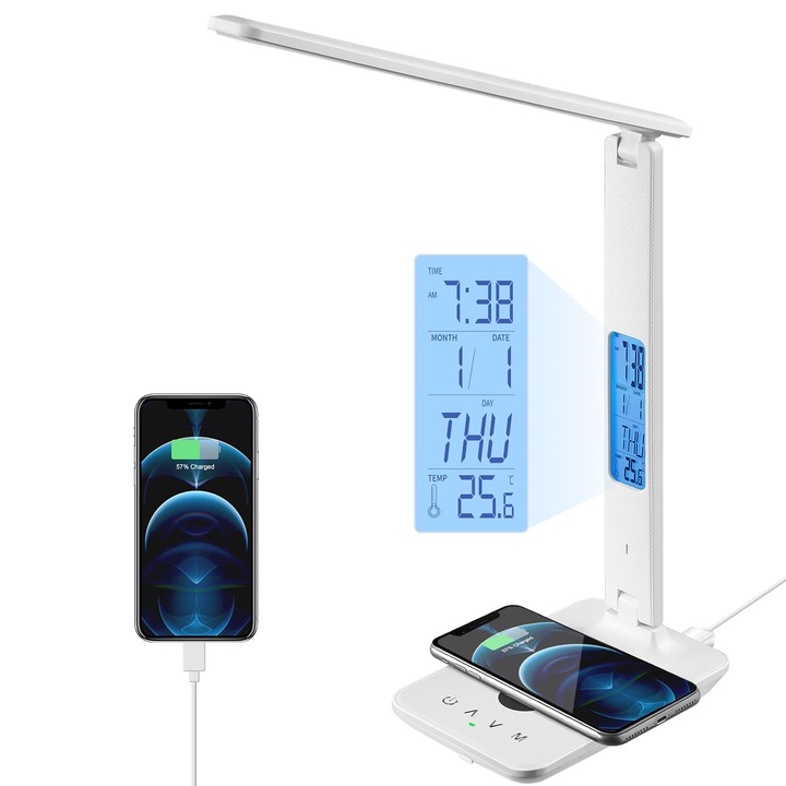 Lampa birou LED cu incarcare wireless, USB, ceas, alarma, alba, pliabila