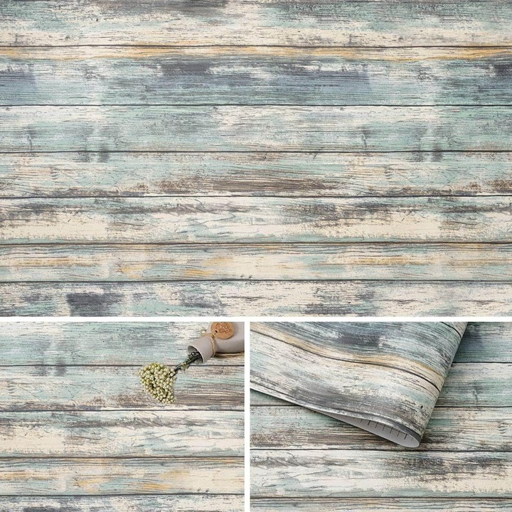 Tapet autocolant, lemn rustic albastru, 27x254cm, rezistent la apa si ulei, usor de taiat si aplicat
