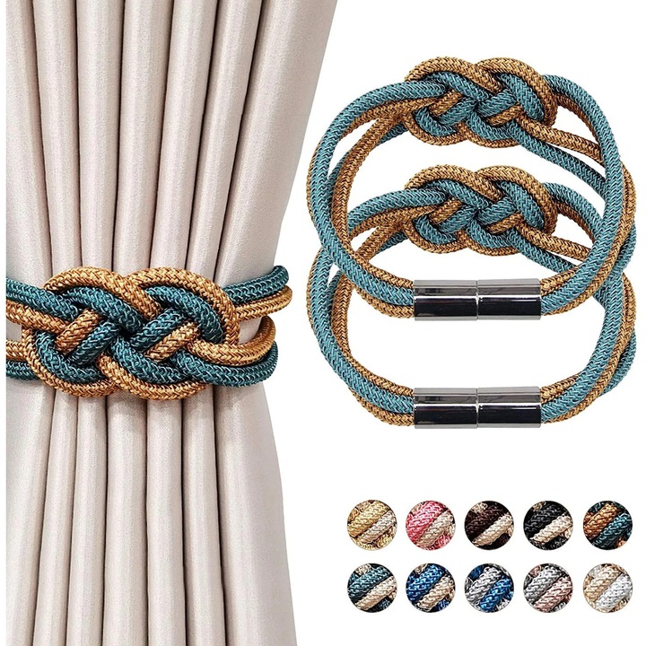 Cleme magnetice pentru draperii ZYBLSSBB LSM2xh6078-BCS0333032, snur impletit poliester-bumbac, turcoaz/auriu, set 2, 47 cm