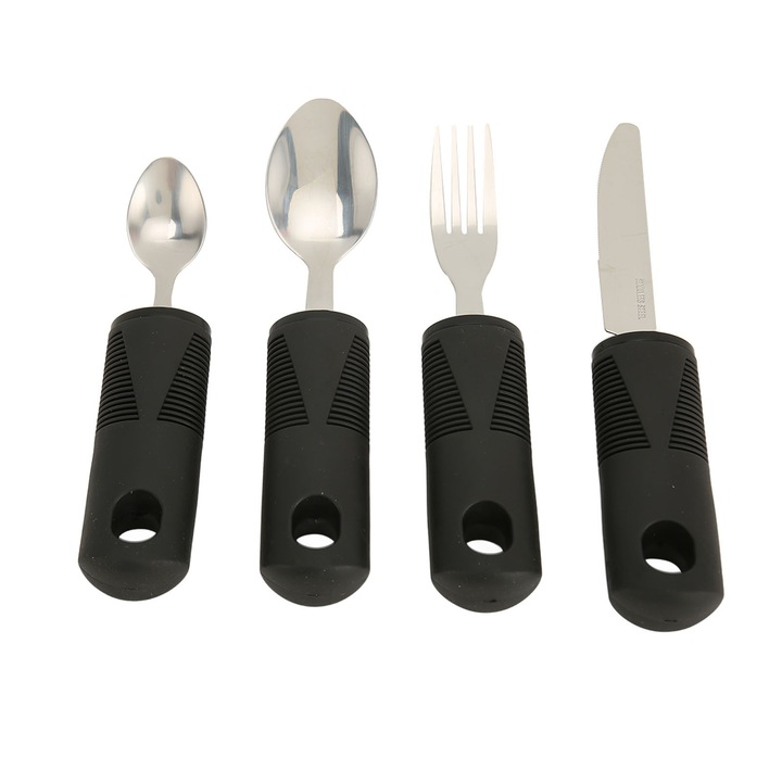 Set tacamuri adaptive 4 piese, inox cu maner antiderapant din cauciuc si greutate, negru (lingurita, lingura, furculita, cutit)