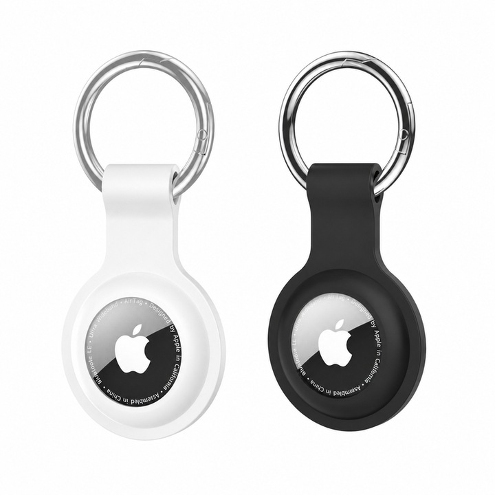 Szilikon tok Apple AirTag-hez, 2 darabos szett, Fém kulcstartó, Karcolások és fröccsenések elleni védelem, Fekete és Fehér