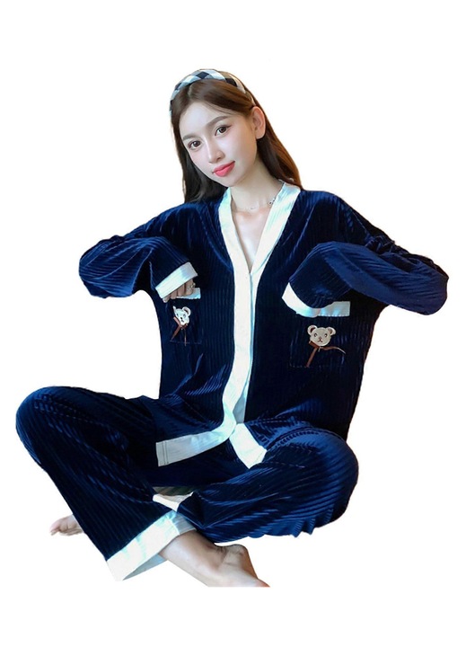 Pijama dama set fleece albastru royal cardigan maneca lunga, 2XL INTL