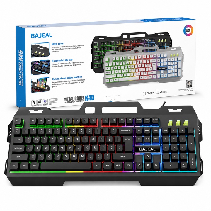 Геймърска клавиатура с кабел Bajeal K45, RGB осветление, метален корпус, вградена поставка за телефон, 104 клавиша, пълен размер, черна