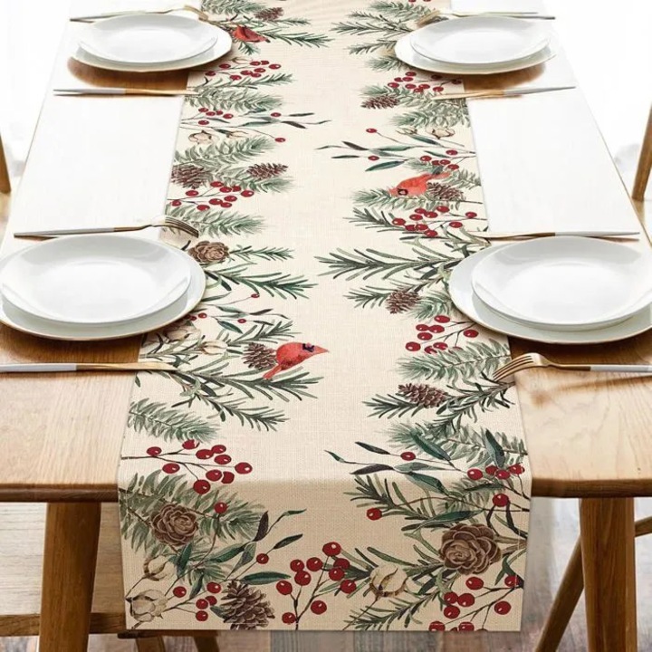 Fata de masa, 33x183cm, material textil, model conuri de pin, culoare pin