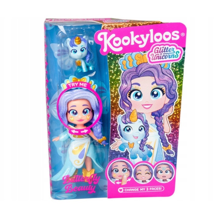 Papusa KookyLoos Glitter Unicorns, Stil Butterfly Beauty, 8 cm