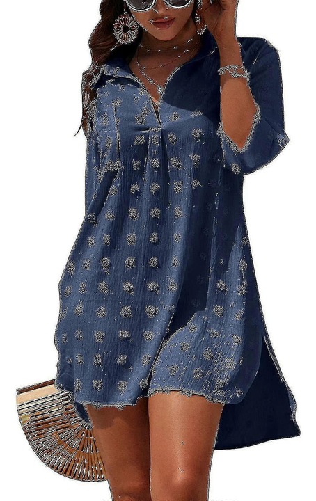 Rochie plaja dama, voal, bleumarin, M, maneci 3/4, buzunare, tiv asimetric
