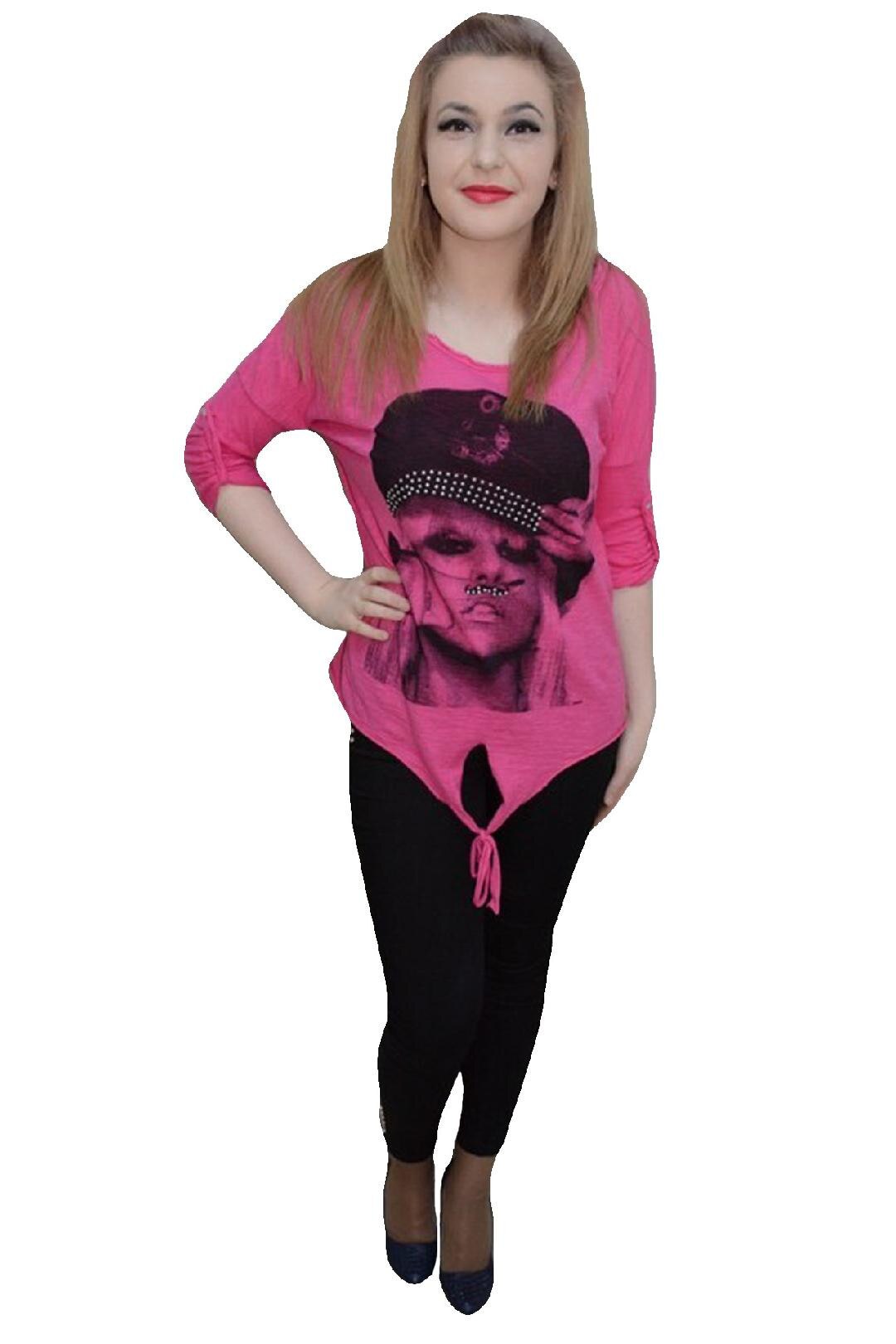 Tricou din bumbac cu imprimeu mare cu aspect foto,D&J Exclusive, Roz