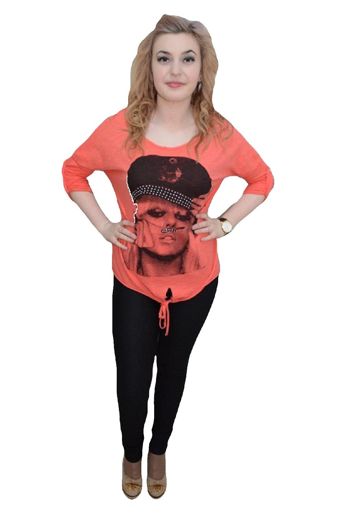 Tricou din bumbac cu imprimeu mare cu aspect foto,D&J Exclusive, Corai