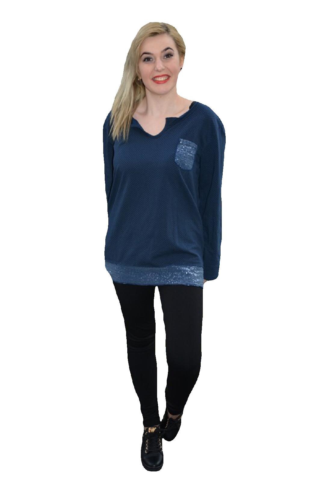 Bluza comoda din bumbac cu insertii de paiete,masura mare,D&J Exclusive, Bleumarin